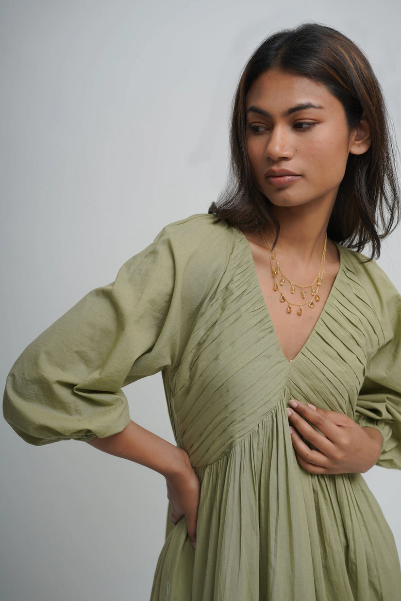 Organic Cotton Pleated Maxi Dress with Pockets
