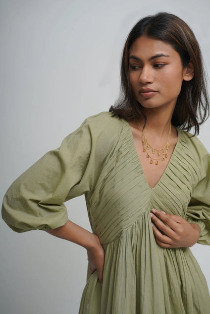 Organic Cotton Pleated Maxi Dress with Pockets