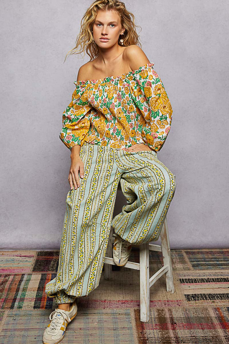 POL Blumenmuster Off-Shoulder Smocked Damenbluse