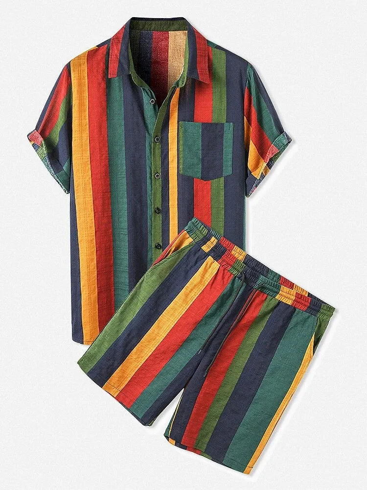 Herren Hemd mit durchgehenden Streifen und Shorts Set in Übergröße