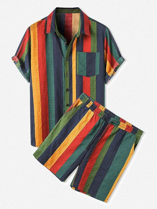 Herren Hemd mit durchgehenden Streifen und Shorts Set in Übergröße