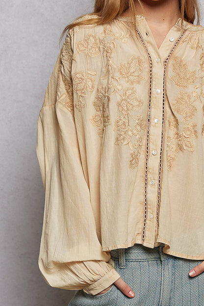 POL Stickerei Button Down Langarm Damenbluse