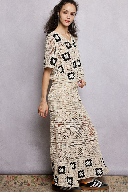 POL Floral Häkel-Rüschentaschen Damen Maxi Rock Granny Square Webart