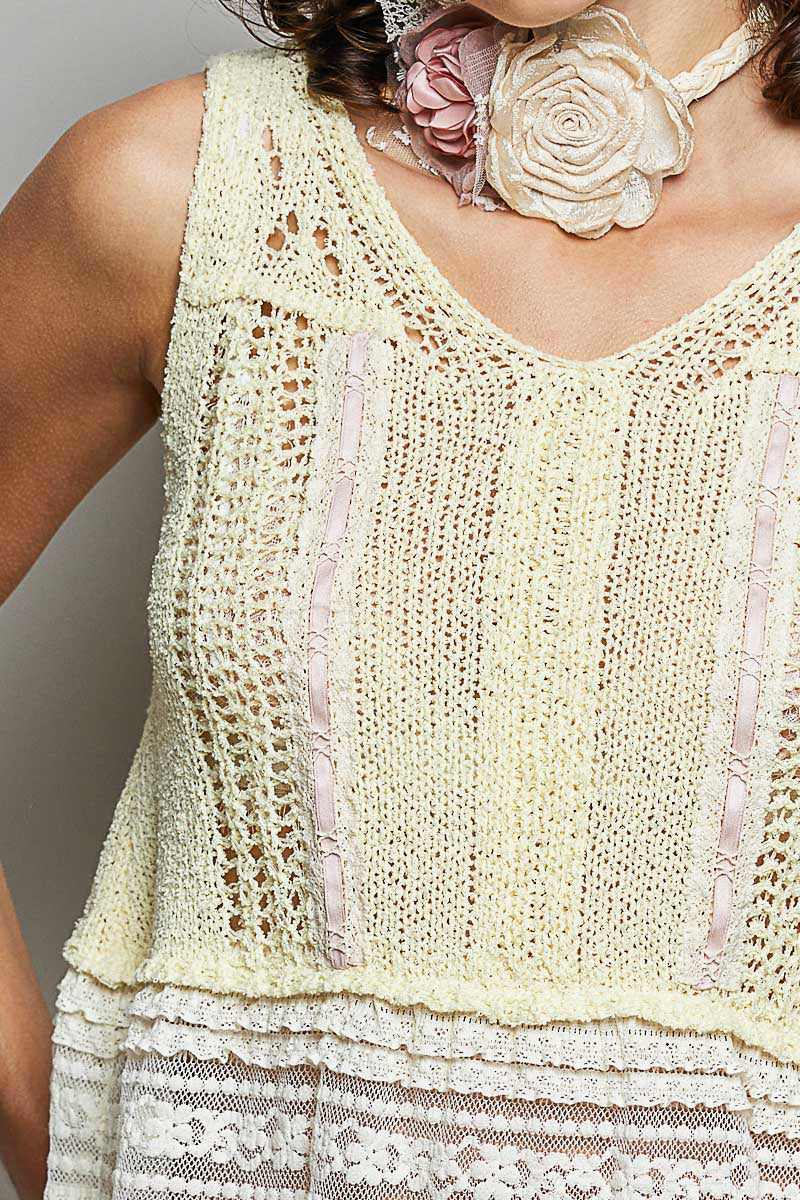 POL V-Ausschnitt Häkelpullover Damen Weste mit Spitzenbesatz