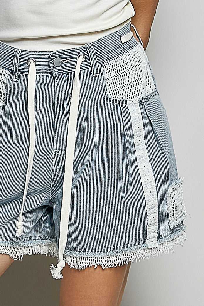 POL Rohsaum Kordelzug Gestreifte Denim Damen Shorts