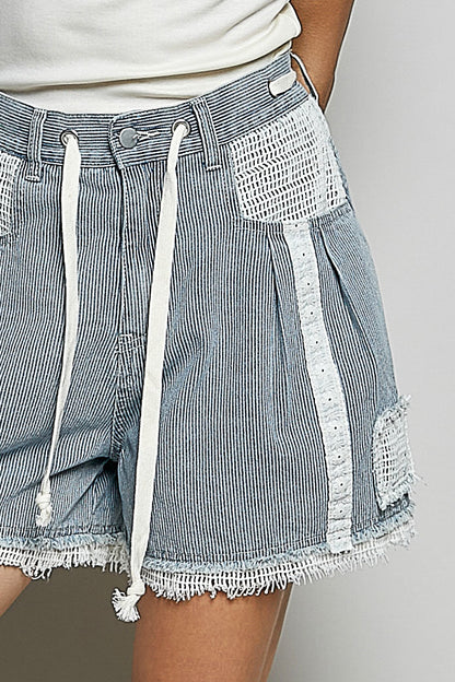POL Rohsaum Kordelzug Gestreifte Denim Damen Shorts