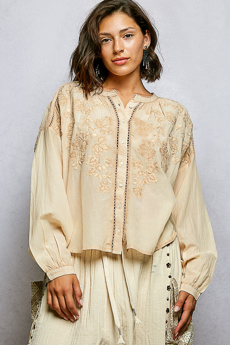 POL Stickerei Button Down Langarm Damenbluse