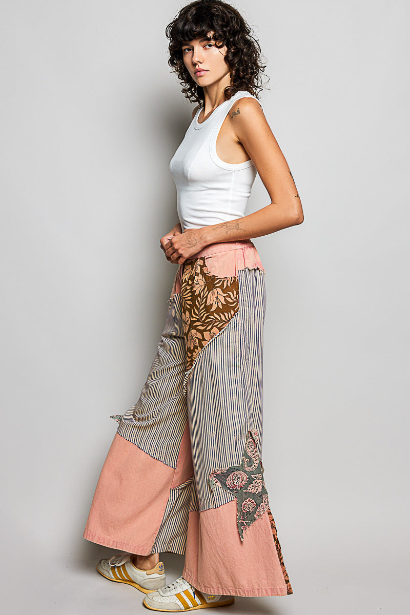 POL Gestreifte Blumen-Patchwork Weite Damenhose Big Star Patch