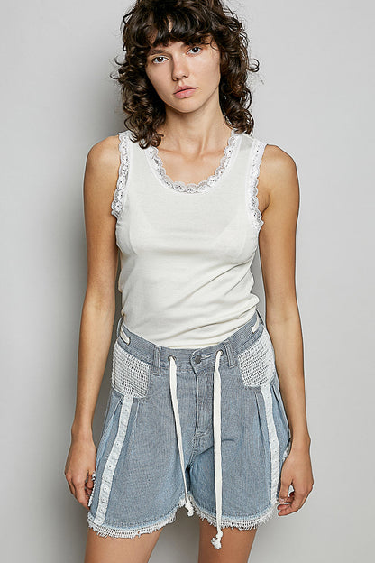 POL Rohsaum Kordelzug Gestreifte Denim Damen Shorts