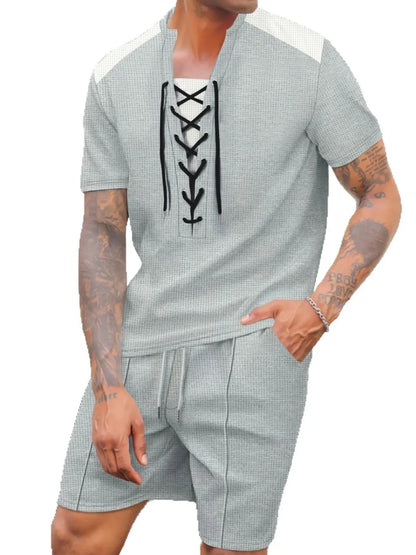 Herren Vollgröße Schnür-Waffle-Strick-Oberteil und Shorts Set Übergröße