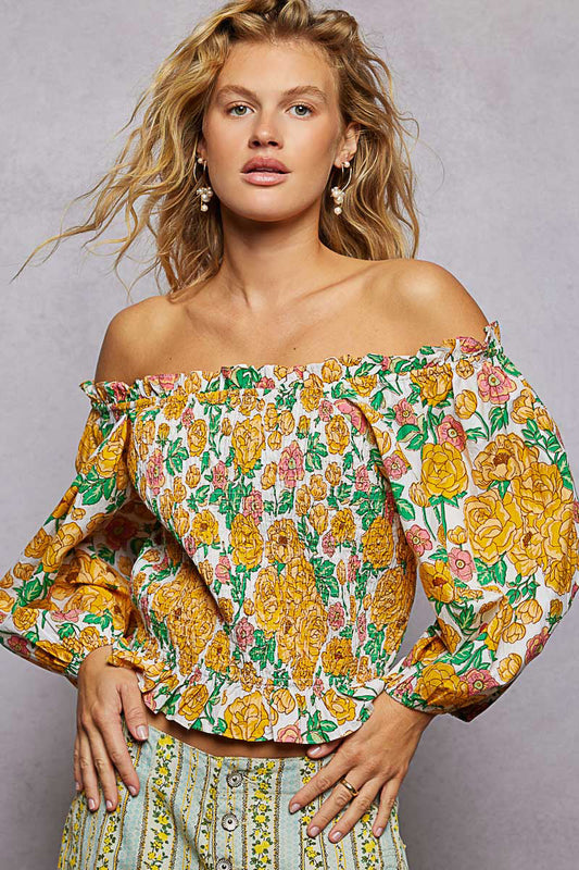 POL Blumenmuster Off-Shoulder Smocked Damenbluse