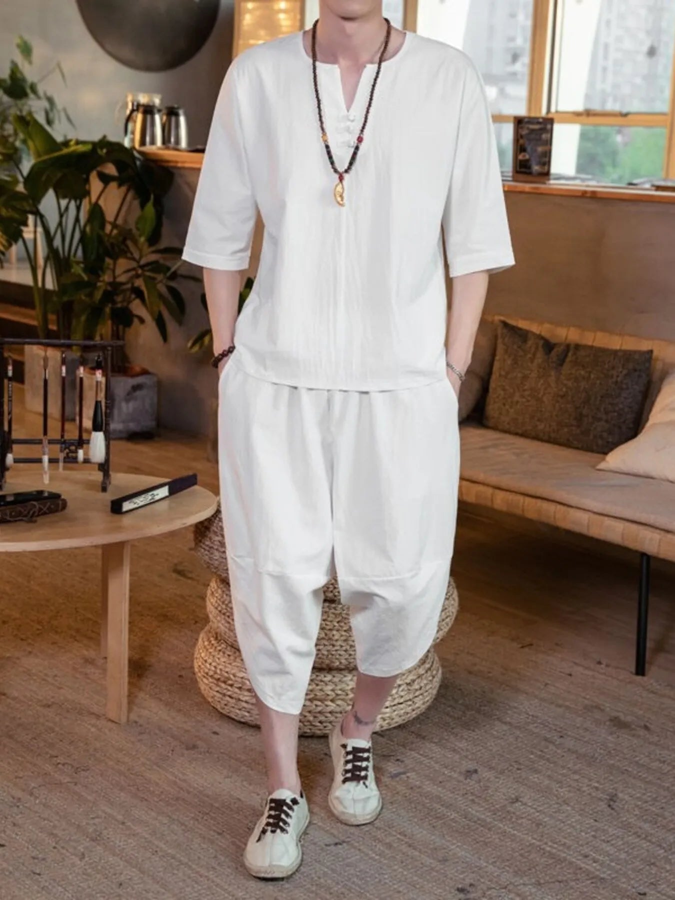Herren Plus-Size Notched Halbarm-Top und Cropped-Hosen Set