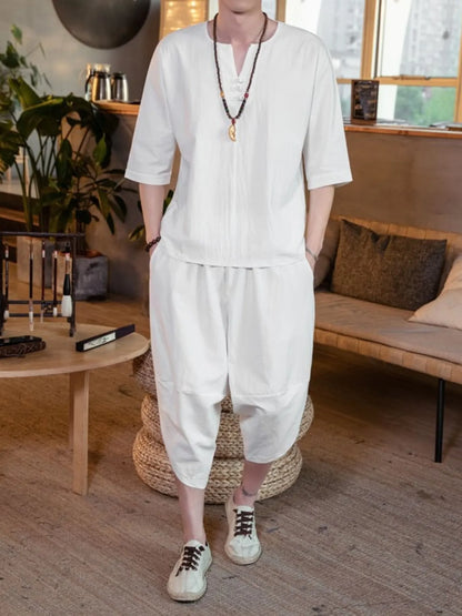 Herren Plus-Size Notched Halbarm-Top und Cropped-Hosen Set