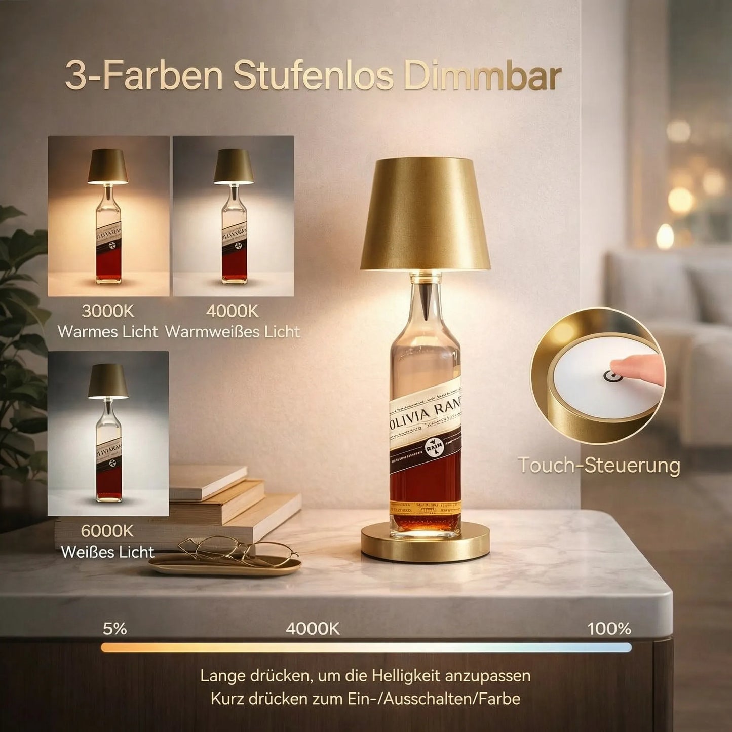 Flaschenlicht | Flasche als Tischlampe | Wiederaufladbare Tischleuchte | Flaschenverschluss | LumiBottle