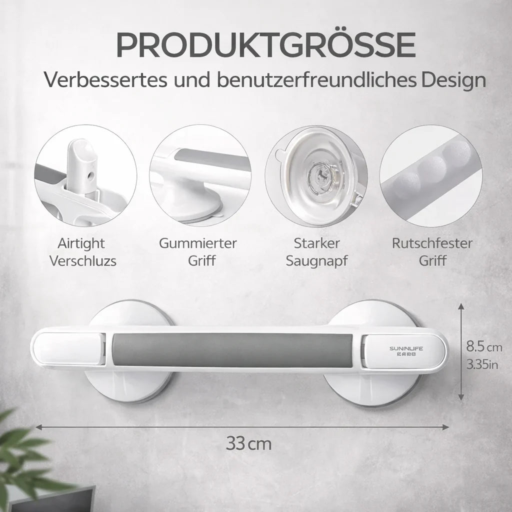 Haltegriff für Dusche, Badewanne oder Toilette | Saugnapfgriff für Senioren ohne Bohren | SeniGrip
