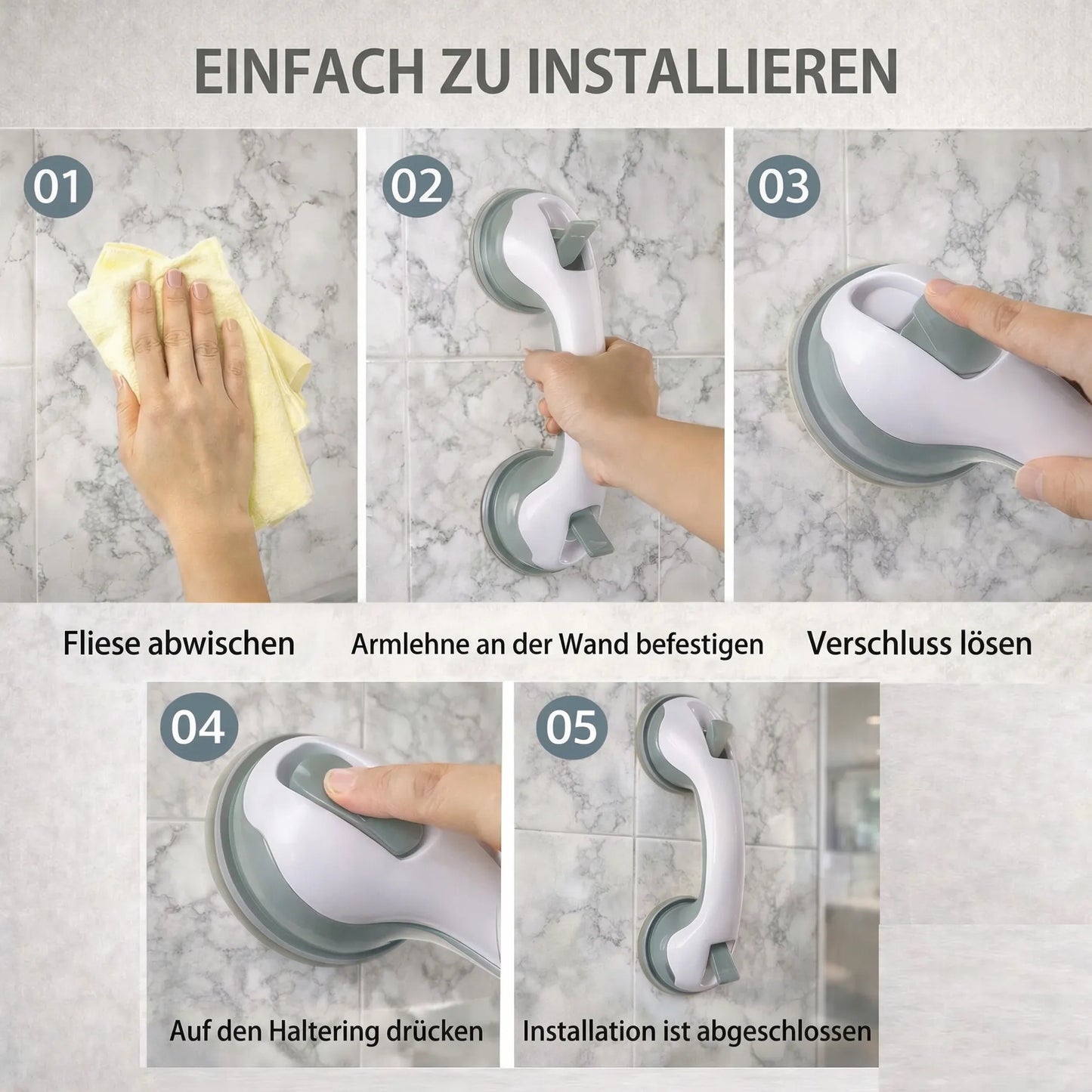 Grab Bar for Shower, Bathtub, or Toilet with Suction Cup | Bathtub Grip for Seniors Without Drilling | GripSicher