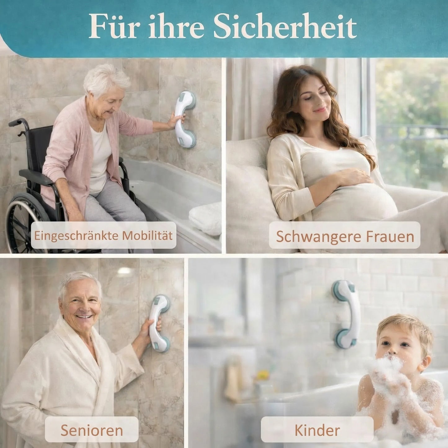 Grab Bar for Shower, Bathtub, or Toilet with Suction Cup | Bathtub Grip for Seniors Without Drilling | GripSicher