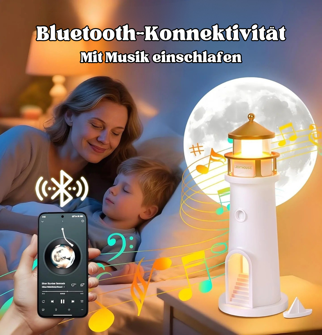 Moonlight Projector Lamp | Lighthouse Night Light with Bluetooth Speaker | Lunavara