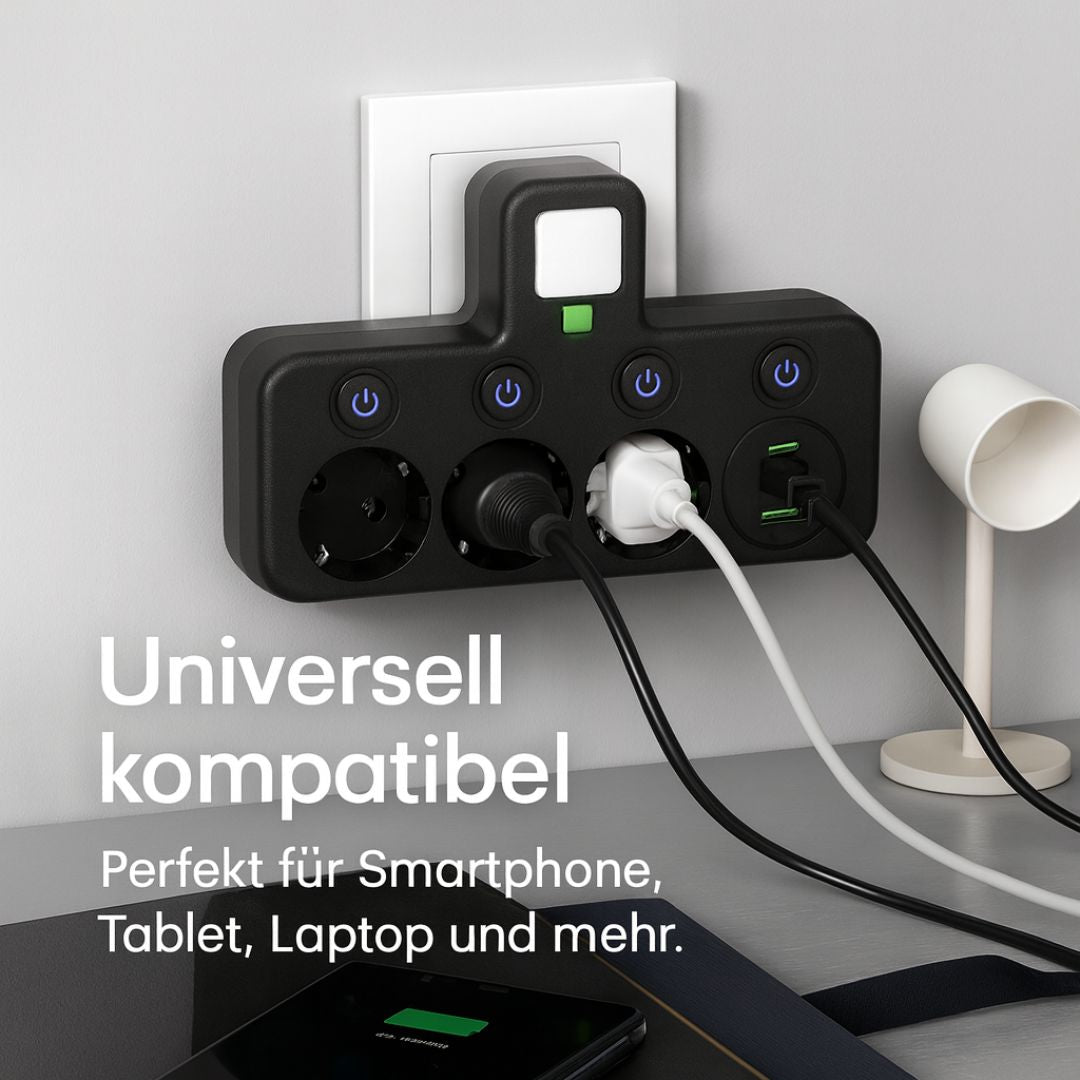 Steckdosenleiste mit 3 Anschlüssen | Mehrfachsteckdose mit USB & Schalter | PowerGrid