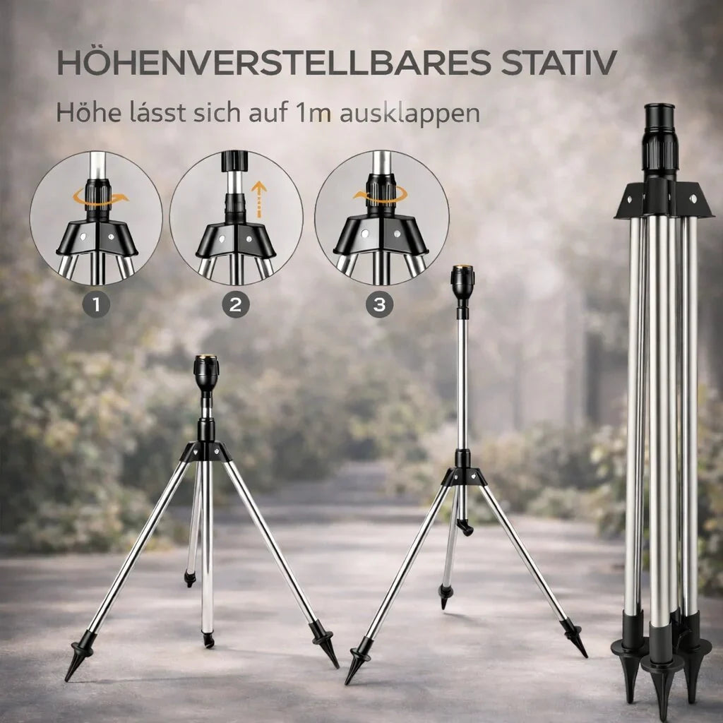 Rasensprenger mit Stativ | 360° Sprinkler | Garten Sprühgerät | AquaVento