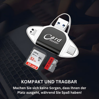 SD Card Reader with USB A, USB C, Micro USB & Lightning | Card Reader for iPhone, Android & Laptop | SD Card Adapter | FlexiLink