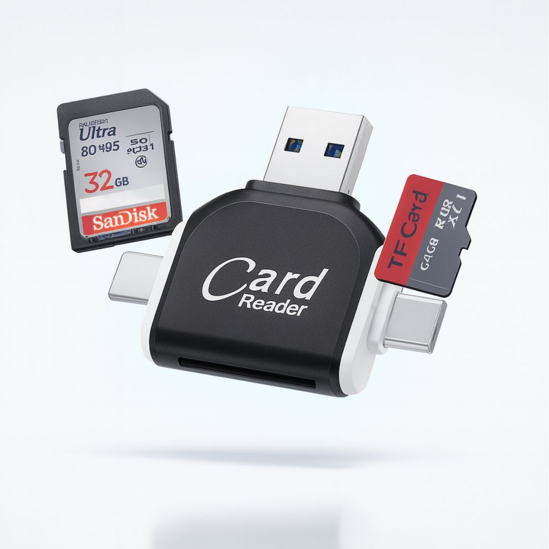 SD Card Reader with USB A, USB C, Micro USB & Lightning | Card Reader for iPhone, Android & Laptop | SD Card Adapter | FlexiLink