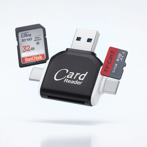 SD Card Reader with USB A, USB C, Micro USB & Lightning | Card Reader for iPhone, Android & Laptop | SD Card Adapter | FlexiLink