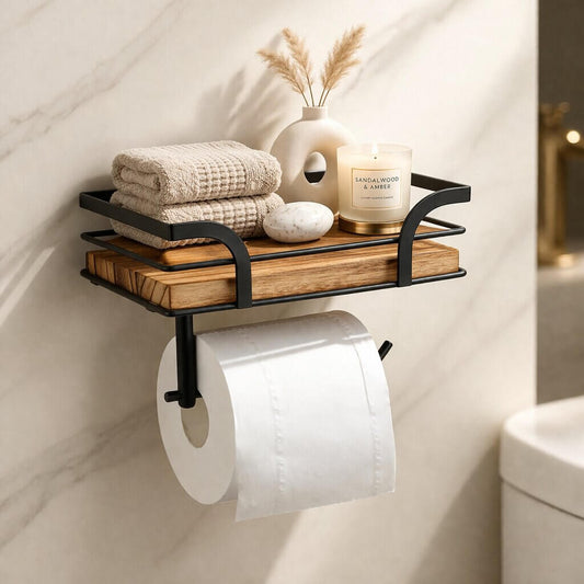 Wall shelf with toilet paper holder for bathroom & toilet | Bathroom shelf made of metal & wood | Nordvero