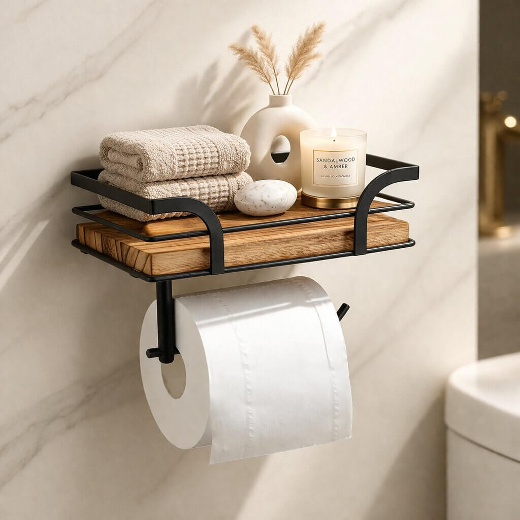 Wandregal mit Toilettenpapierhalter für Badezimmer & WC | Badezimmerregal aus Metall & Holz | Nordvero