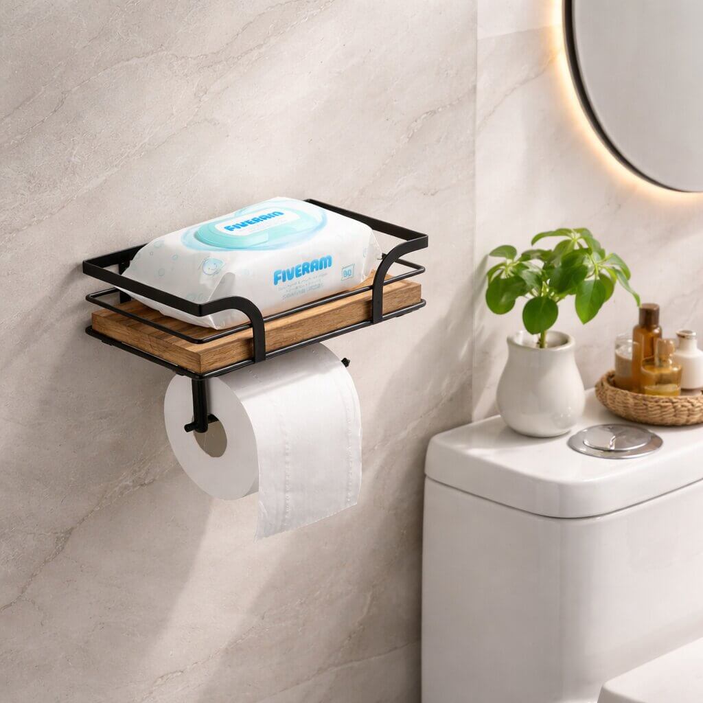 Wall shelf with toilet paper holder for bathroom & toilet | Bathroom shelf made of metal & wood | Nordvero