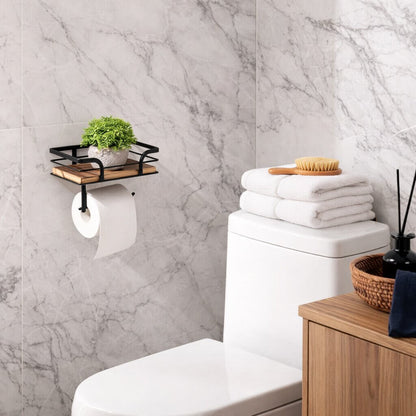 Wall shelf with toilet paper holder for bathroom & toilet | Bathroom shelf made of metal & wood | Nordvero