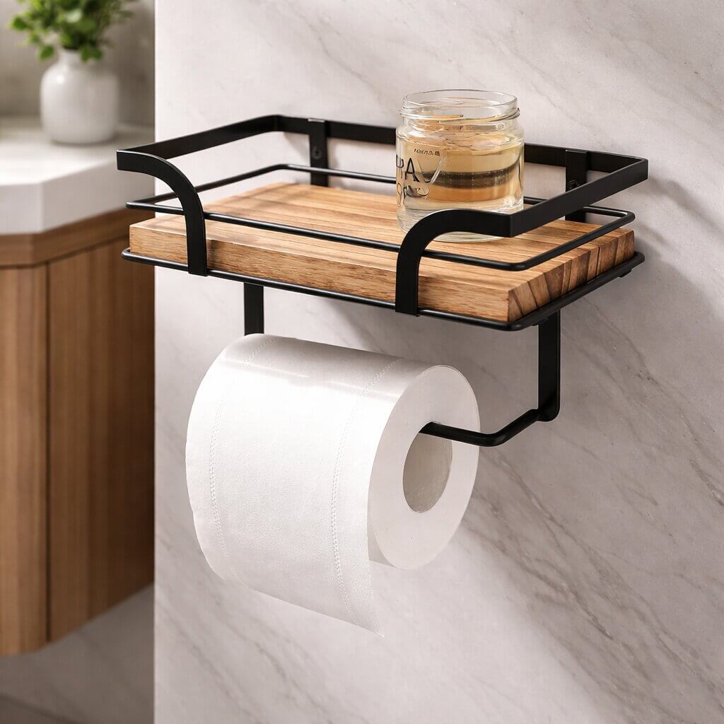 Wall shelf with toilet paper holder for bathroom & toilet | Bathroom shelf made of metal & wood | Nordvero