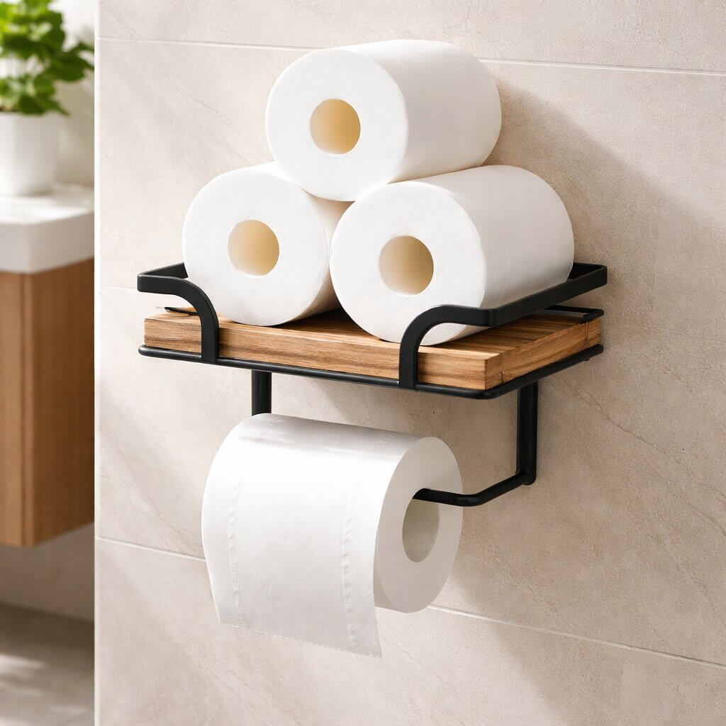 Wall shelf with toilet paper holder for bathroom & toilet | Bathroom shelf made of metal & wood | Nordvero