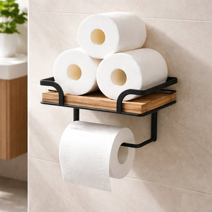 Wall shelf with toilet paper holder for bathroom & toilet | Bathroom shelf made of metal & wood | Nordvero