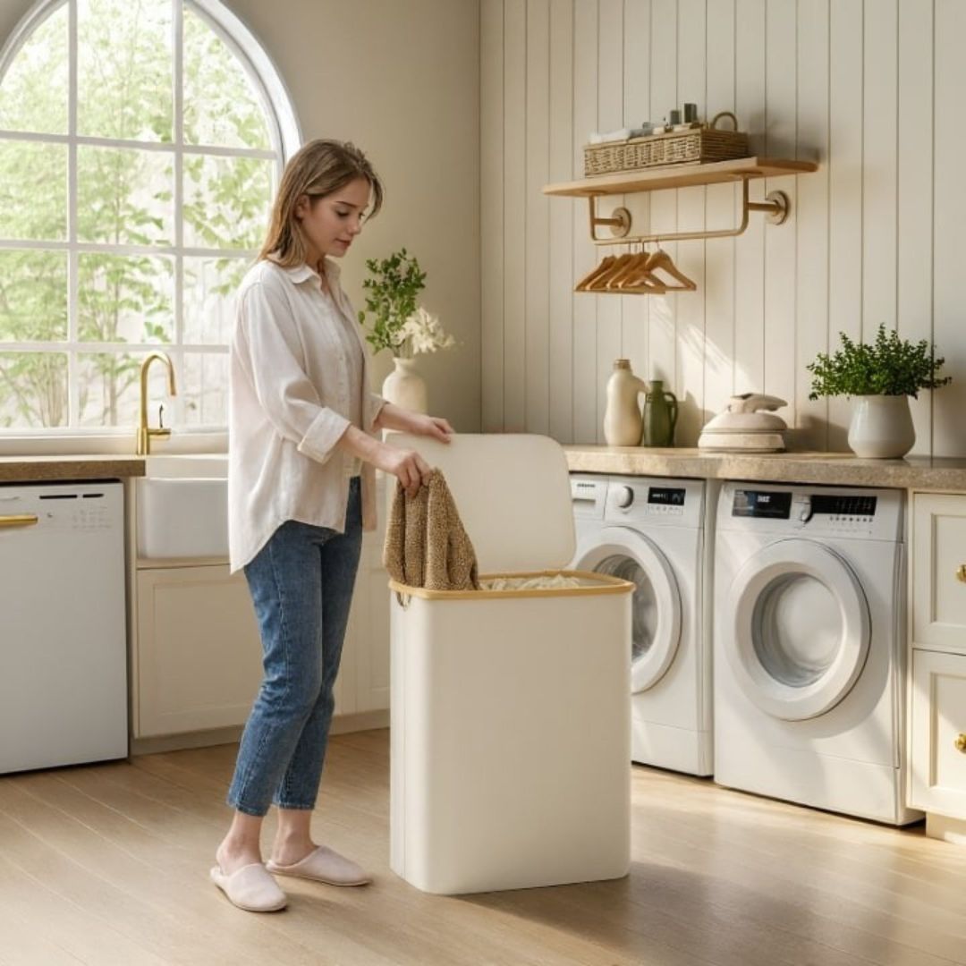 Laundry Basket with Lid | Laundry Collector with 3 Compartments in Black, Beige & Gray | LaundryBox