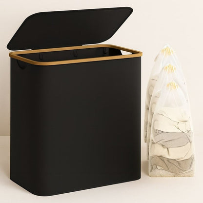 Laundry Basket with Lid | Laundry Collector with 3 Compartments in Black, Beige & Gray | LaundryBox