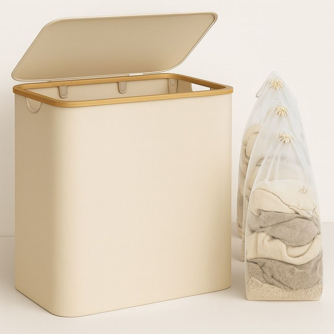 Laundry Basket with Lid | Laundry Collector with 3 Compartments in Black, Beige & Gray | LaundryBox